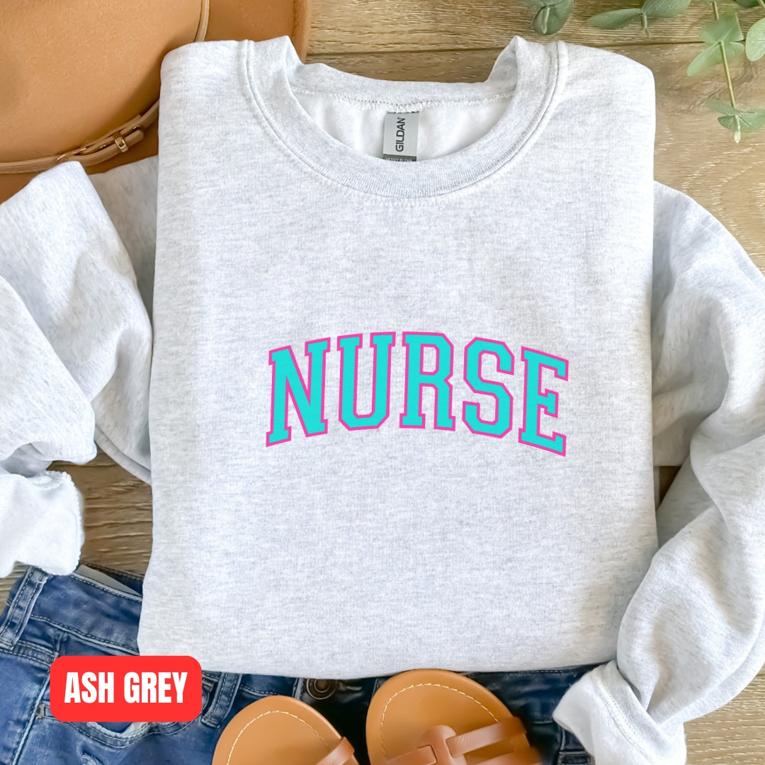 Nurse Neon College Font Crewneck Sweatshirt Unisex