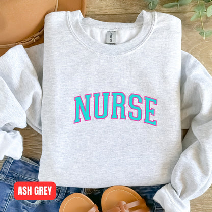 Nurse Neon College Font Crewneck Sweatshirt Unisex