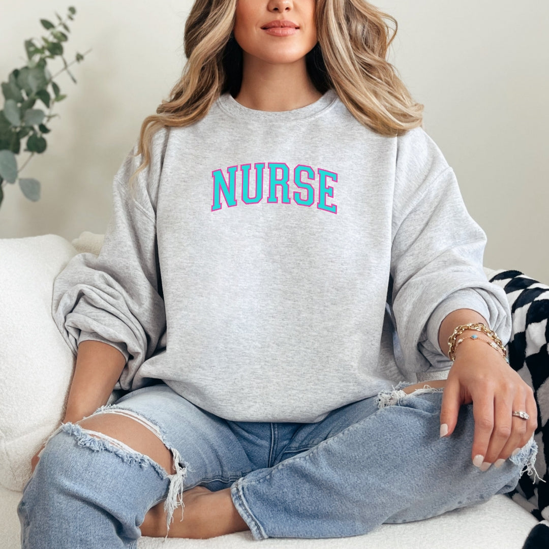 Nurse Neon College Font Crewneck Sweatshirt Unisex