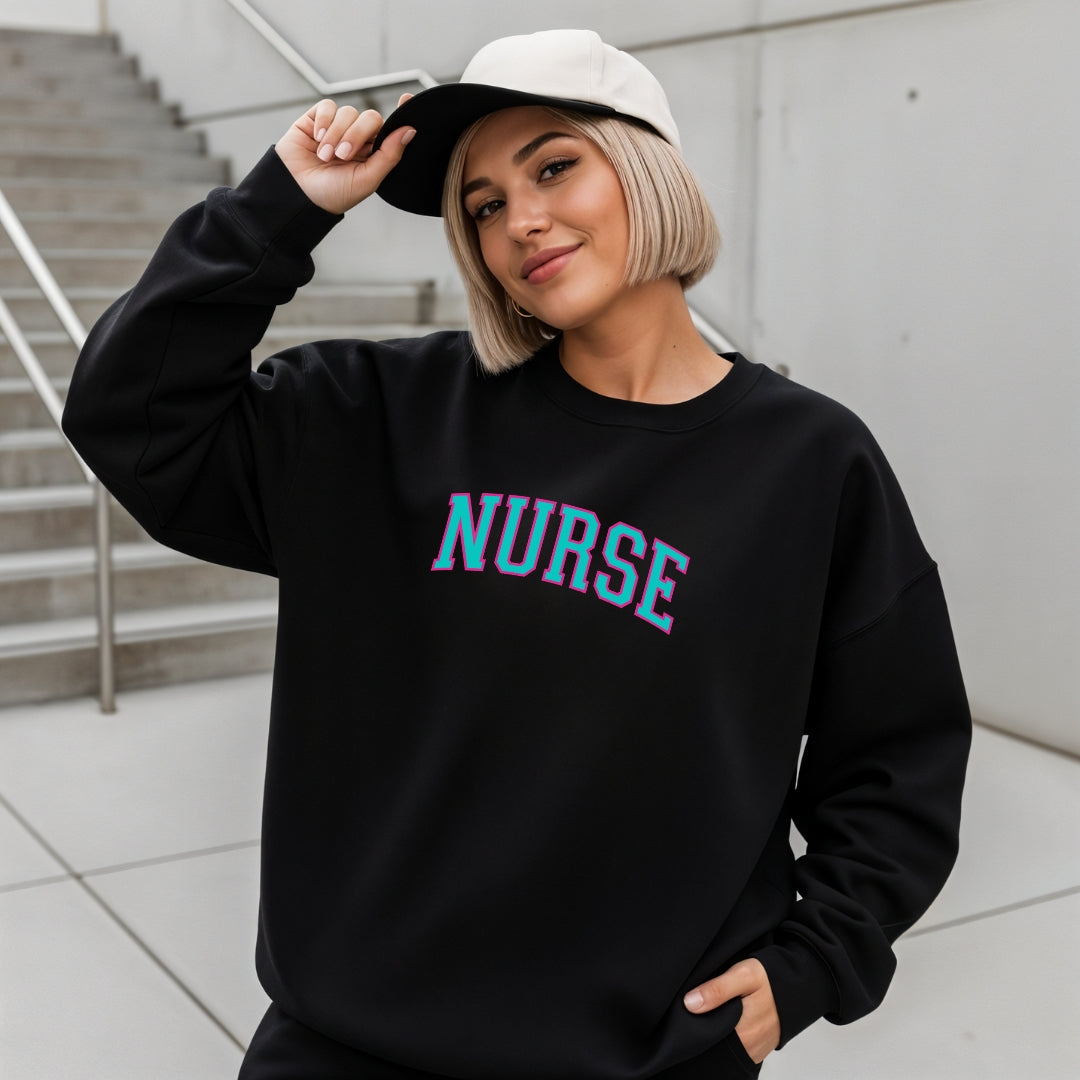 Nurse Neon College Font Crewneck Sweatshirt Unisex