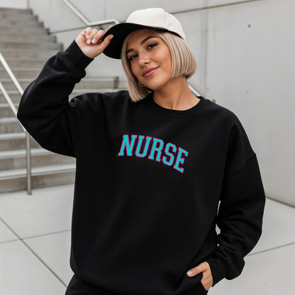 Nurse Neon College Font Crewneck Sweatshirt Unisex