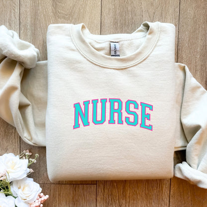 Nurse Neon College Font Crewneck Sweatshirt Unisex